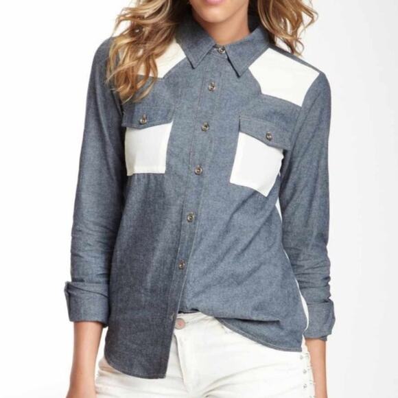 Romeo & Juliet Couture Denim & Cream Button Down - Picture 1 of 8